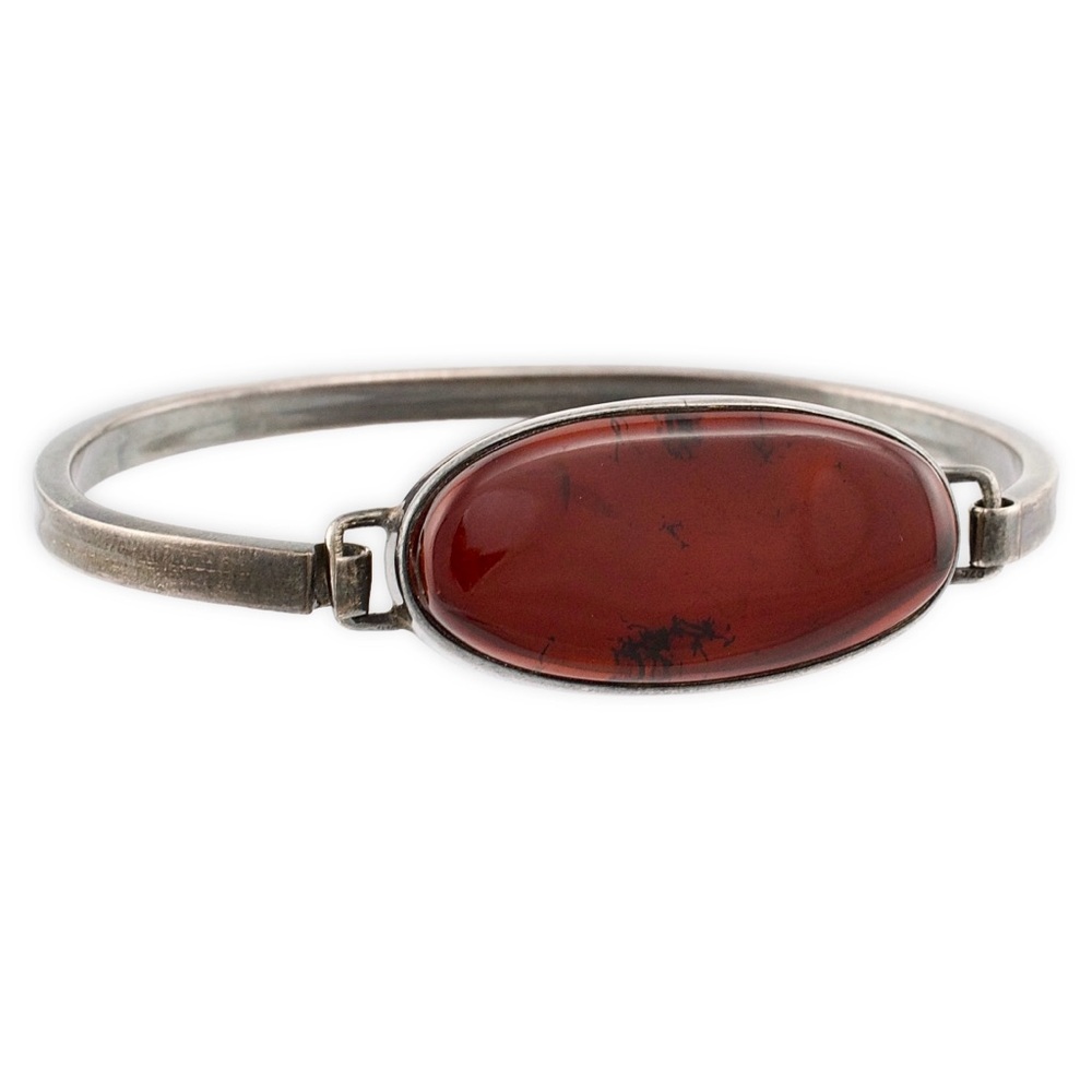 Vintage Cherry Amber Sterling Silver Hinged Bracelet Modernist Style